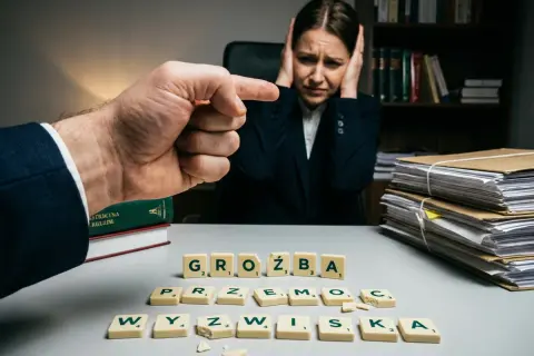 Zrozumienie, czy groźby są karalne, jest kluczowe. Kobieta w biurze zakrywa uszy, gdy mężczyzna wskazuje palcem.