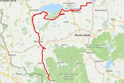 Mapa z zaznaczoną trasą rowerową, która prowadzi przez Beskid Śląski, od Wisły, przez Ustroń, Skoczów, aż do Goczałkowic-Zdroju. To fragment żelaznego szlaku rowerowego.