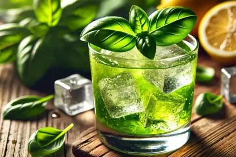 Orzeźwiający drink z bazylią, lodem i plasterkiem cytryny na drewnianym blacie. Idealny na upalne dni.