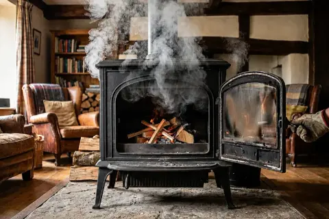 Une cheminée ouverte qui fume, avec du bois qui crépite à l'intérieur. Des fauteuils en cuir et une bibliothèque complètent ce décor chaleureux.