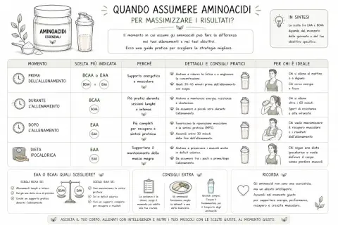 Guida su quando assumere aminoacidi o proteine per massimizzare i risultati. Scegli BCAA o EAA in base al momento e ai tuoi obiettivi.