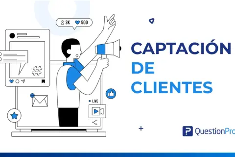 Persona con megáfono y móvil, promoviendo la captación de clientes. Iconos de redes sociales y notificaciones.
