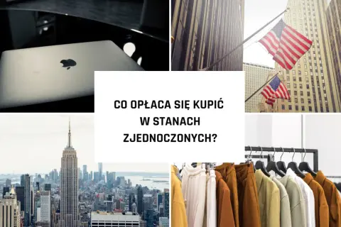 Laptop Apple, flagi USA, drapacze chmur w Nowym Jorku i ubrania na wieszakach.