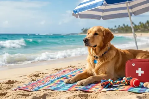Złoty retriever odpoczywa na plaży pod parasolem, gotowy na tui wakacje z psem. Obok leży apteczka, piłka i zabawka.