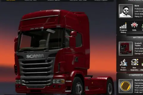 Czerwona Scania R420 w grze, ekran z informacjami o kierowcy i firmie. Sprawdź ets2 wymagania, by cieszyć się jazdą!