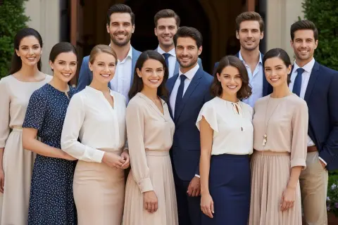 Eleganckie stroje dla kobiet i mężczyzn, idealne na niedzielę do kościoła. Panie w sukienkach i spódnicach, panowie w garniturach.