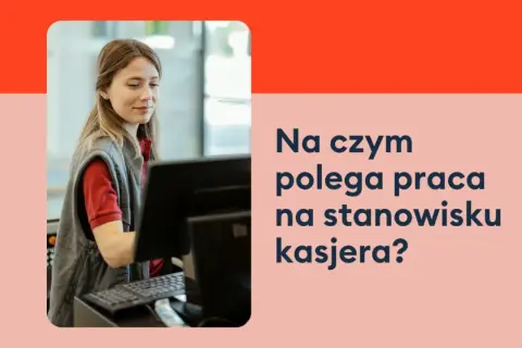 Uśmiechnięta kasjerka sprzedawca, kod zawodu 5223.01, pracuje przy kasie w sklepie, obsługując klienta.