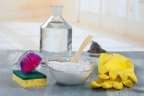 Ecco gli ingredienti per capire come togliere lo sporco dalla pelle: bicarbonato, aceto, spazzola, spugna e guanti gialli.