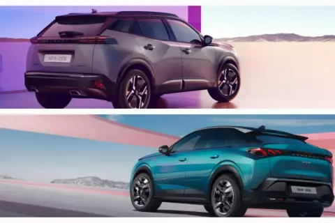 Dwa modele 2008 peugeot: szary i turkusowy, prezentowane z tyłu na tle pustynnego krajobrazu i abstrakcyjnych form.