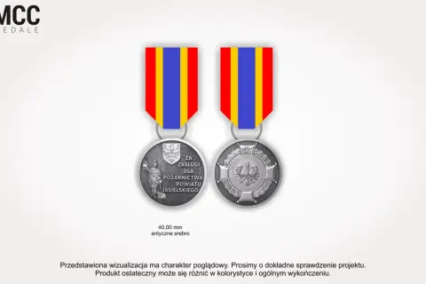Brązowy medal za zasługi dla pożarnictwa powiatu jasielskiego, z godłem i postacią strażaka.