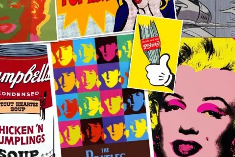 Pop art collage featuring 1960s artists painters like Warhol and Lichtenstein. Iconic images of Marilyn Monroe, Campbell's soup, and The Beatles.