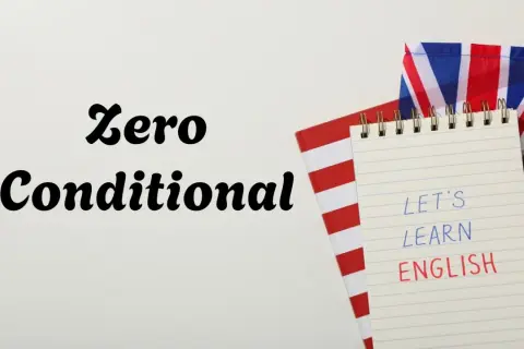 Zeszyt z napisem "Let's learn English" i flagą Wielkiej Brytanii. Temat: Zero Conditional.