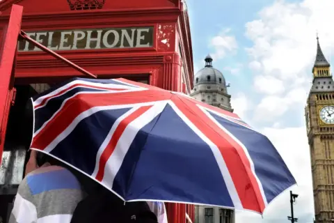 Cabina telefónica roja y paraguas con la Union Jack, con el Big Ben al fondo. Un recuerdo de apellidos ingleses antiguos.