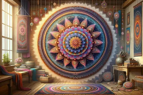 Wspaniała, wielobarwna mandala zdobi ścianę, otoczona dywanami i tkaninami w stylu boho.