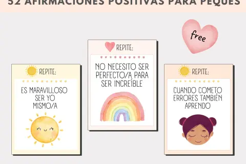 Tarjetas con afirmaciones positivas para niños: "Es maravilloso ser yo mismo/a", "No necesito ser perfecto/a para ser increíble" y "Cuando cometo errores también aprendo".