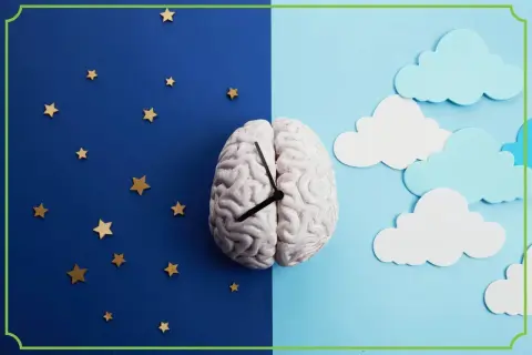 Mózg z zegarem na tle nocy i dnia. Glicyna na sen pomoże Ci zasnąć, gdy gwiazdy znikną, a chmury pojawią się na niebie.