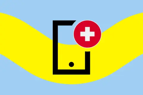 Czarny symbol telefonu z czerwonym krzyżem na tle falujących żółto-niebieskich pasów. To jak roaming play, gdzie technologia spotyka pomoc.
