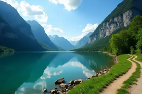 Le lac du Broc, paisible et turquoise, reflète les montagnes majestueuses et le ciel bleu. Un sentier serpente sur la rive verdoyante.