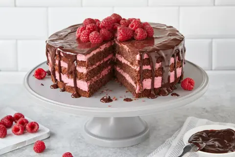 Himbeertorte mit Schokoboden, üppig mit Schokolade überzogen und mit frischen Himbeeren garniert. Ein köstlicher Anblick!