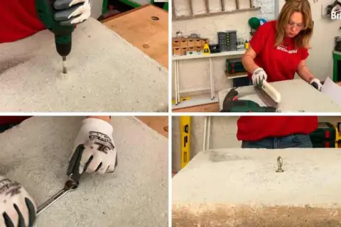 Demostración de como taladrar hormigón con taladro y broca especial. Se muestra el proceso de perforación y la inserción de un anclaje.