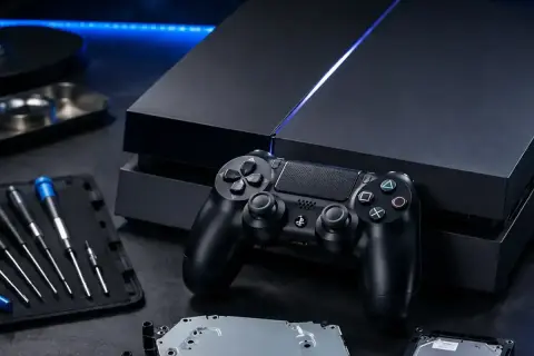Konsola PS4 i kontroler, gotowe do naprawy, jak kiedy wyszło ps4. Narzędzia i części leżą obok.