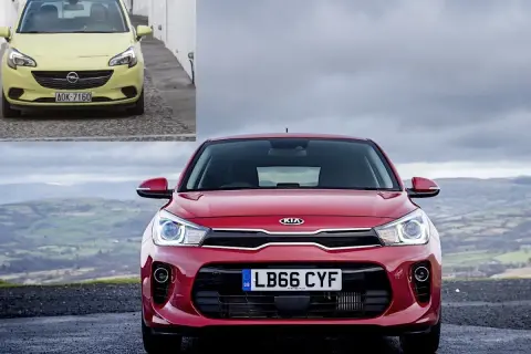 Czerwone Kia Rio na tle krajobrazu. W rogu zdjęcie żółtego Opla. Szukasz kia rio opinie?