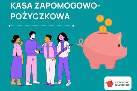 Kasa zapomogowo-pożyczkowa (KZP) to fundusz wspierający pracowników. Na ilustracji ludzie i skarbonka symbolizują pomoc finansową.