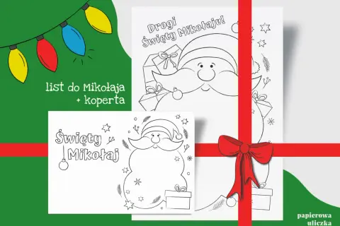 Kolorowanka szablon list do Mikołaja z wesołym Świętym Mikołajem i prezentami. Idealna do kreatywnego spędzania czasu przed Bożym Narodzeniem.