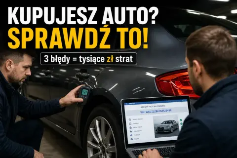 Kupując auto, sprawdź jego historię. Na laptopie widać raport VIN, a mężczyzna mierzy lakier. Sprawdź VIN na gov.pl, by uniknąć strat.