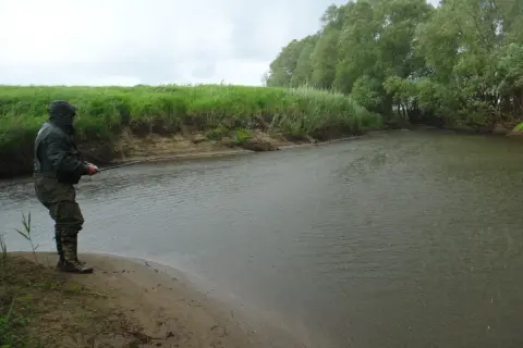 Ein Angler steht im Regen am Ufer eines Flusses und wirft seine Angel aus. Grüne Ufer und Bäume säumen das Wasser.