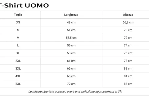 Tabella taglie T-Shirt UOMO: taglia 48 uomo a cosa corrisponde? La L ha larghezza 56 cm e altezza 74 cm.