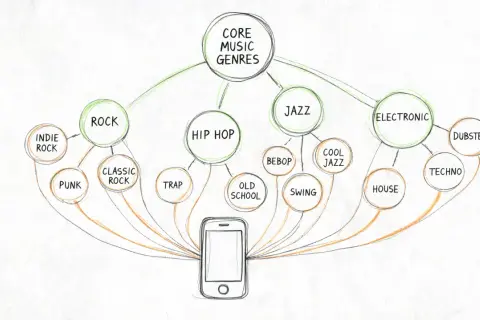 A diagram shows core music genres like Rock, Hip Hop, Jazz, and Electronic, with subgenres branching out, all connected to a smartphone, illustrating Spotify genres.
