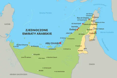 Mapa Zjednoczonych Emiratów Arabskich. Gdzie leży Dubaj? Miasto znajduje się na północnym wschodzie kraju, nad Zatoką Perską, blisko granicy z Iranem.