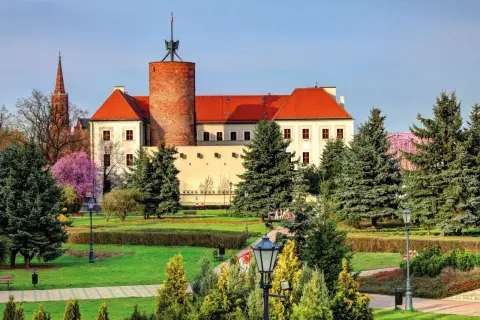 Wspaniała wieża zamkowa z cegły, otoczona zielonym parkiem i drzewami, z widoczną w tle katedrą.