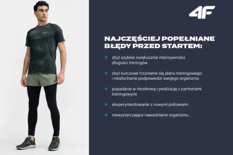 Mężczyzna w stroju sportowym, wskazówki jak przygotować się do maratonu, unikaj błędów: zbyt szybkie zwiększanie intensywności, kurczowe trzymanie się planu, rywalizacja, nowe potrawy, nawadnianie.