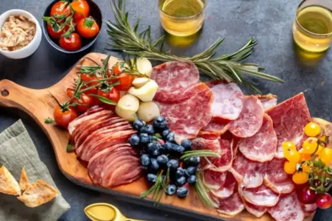 Un plateau charcuterie généreux avec différentes variétés de saucissons, tomates cerises, myrtilles et pain grillé. Une belle deco plateau charcuterie pour un apéritif gourmand.