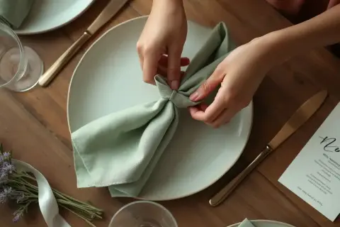 Mains créant un pliage serviette simple et beau, vert pâle, sur une assiette blanche. Une table dressée pour un repas élégant.