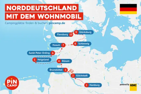 Reiseplan für Norddeutschland mit dem Wohnmobil: Von Hamburg (1) über Glückstadt (2) und Brunsbüttel (3) bis nach Büsum (4).