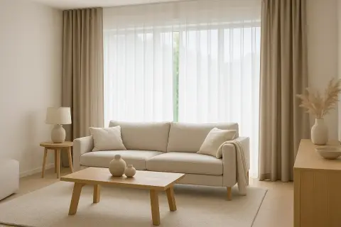 Sofá beige, mesa de centro de madera y cortinas de lino, un ejemplo de las últimas tendencias en cortinas para salón.