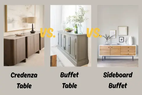 Three furniture pieces: a credenza table, a buffet table, and a sideboard buffet, are shown side-by-side, illustrating the sideboard vs credenza debate.
