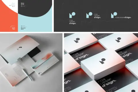 Modern branding trends showcase a minimalist logo with a gradient of soft red, blue, and white on stationery and business cards.