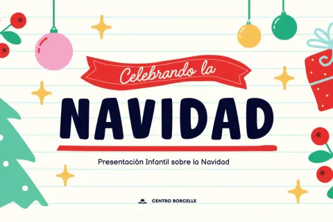 Decoración festiva con un árbol de Navidad, regalos y adornos. El título "Celebrando la NAVIDAD" usa letras bonitas navideñas, ideal para una presentación infantil.