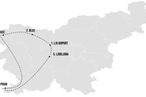 Route für eine slowenien rundreise: LJU Airport, Bled, Bovec, Piran und Ljubljana.