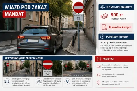 Wjazd pod zakaz, grozi mandat 500 zł i 8 punktów karnych. Znak zakazu wjazdu z tabliczką "nie dotyczy rowerów" na ulicy.