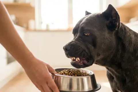 Un perro grande y oscuro mira con recelo un cuenco de comida. La protección de recursos en perros es clave para una convivencia armoniosa.