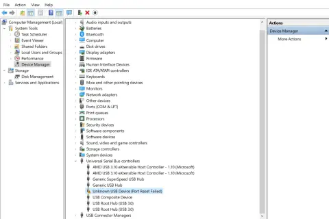 Menedżer urządzeń: nie rozpoznano urządzenia USB. Błąd resetowania portu.