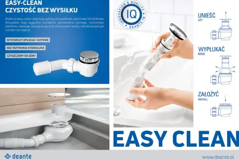 Jak odkrecic syfon w brodziku? Prosta instrukcja czyszczenia Deante Easy-Clean: podnieś, wypłucz i załóż.