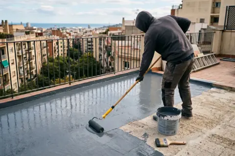 Hombre con capucha aplica pintura gris con rodillo para impermeabilizar pared exterior de terraza.