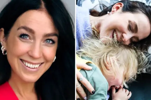 Sofia Ståhl blogg: en kvinna ler mot kameran, bredvid en bild på en mamma som myser med sitt sovande barn.