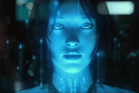 Twarz Cortany, niebieska, holograficzna postać z gry Halo. Czy to jest to, co masz na myśli pytając "Cortana co to jest"?